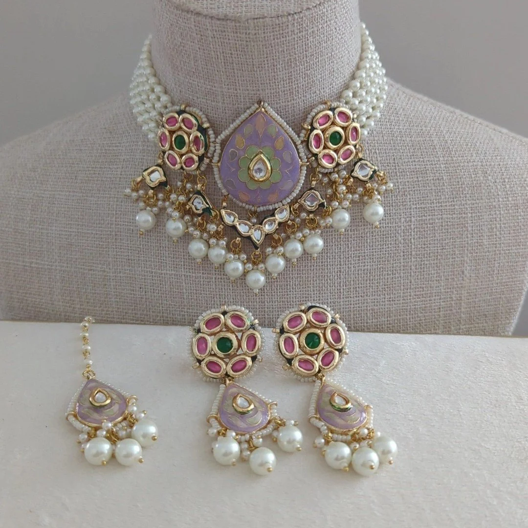 Ivory Neutral Meenakari Kundan Flexible Choker Necklace Jewellery Set