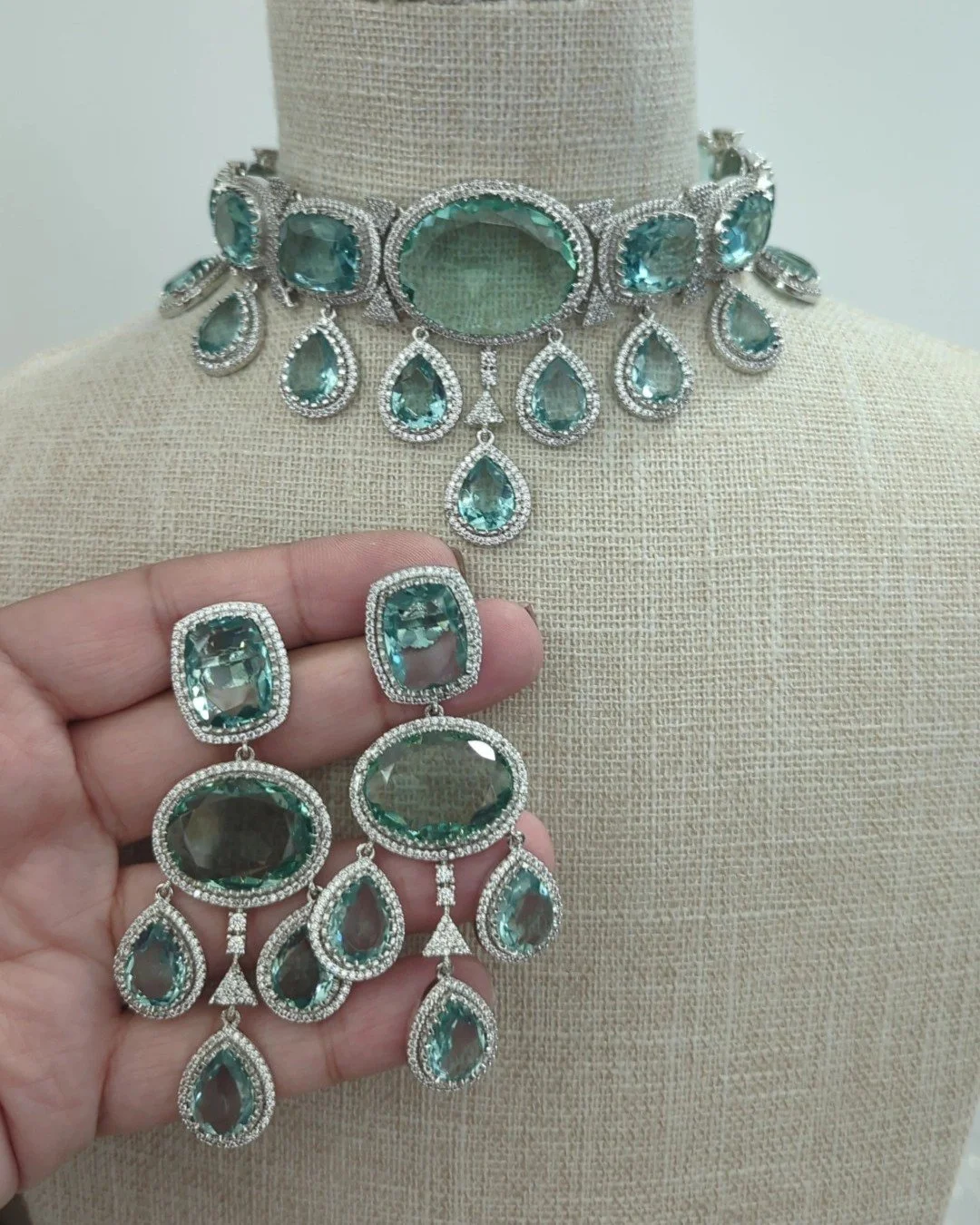 Mint Silver Indian Asian American Diamond Choker Necklace Jewellery Set Wedding Bridal