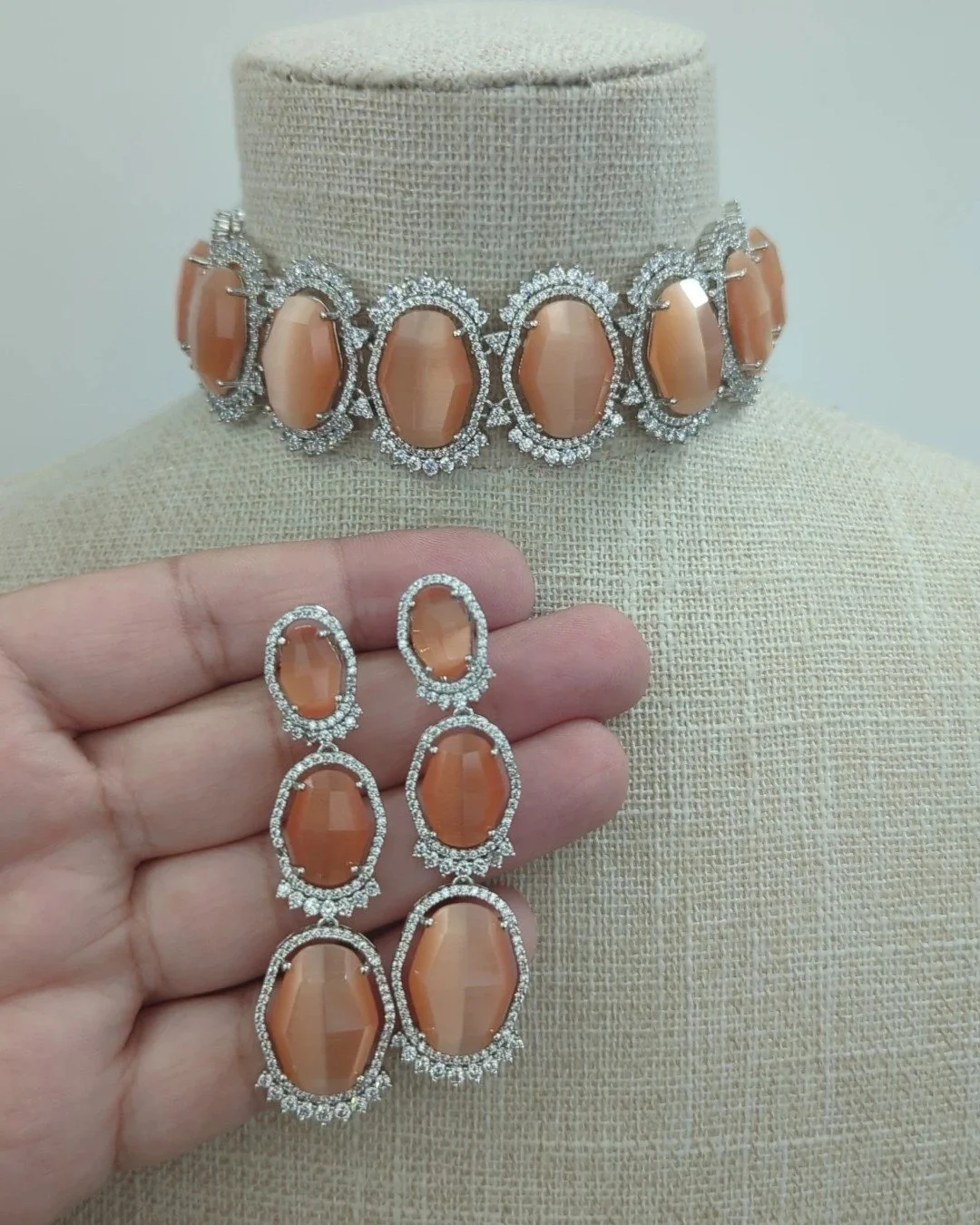 Peach Silver Indian Asian American Diamond Doublet Stone Choker Jewellery Set
