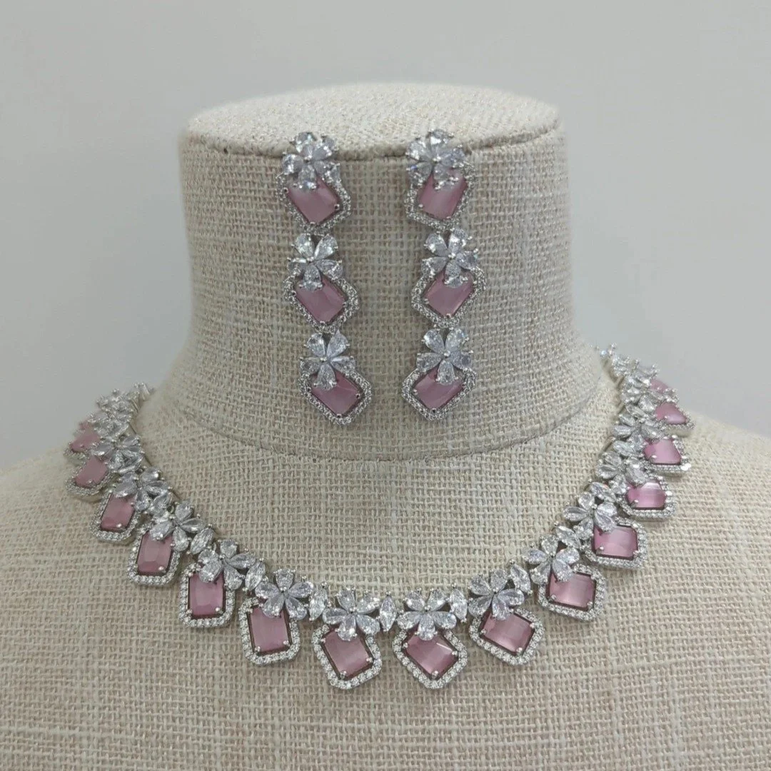 Baby Pink Silver Cubic Zirconia Necklace Jewellery Set
