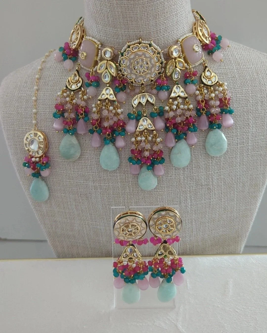 Baby Pink and Baby Blue Indian Asian Pearl Choker Necklace Jewellery Jewelry Set