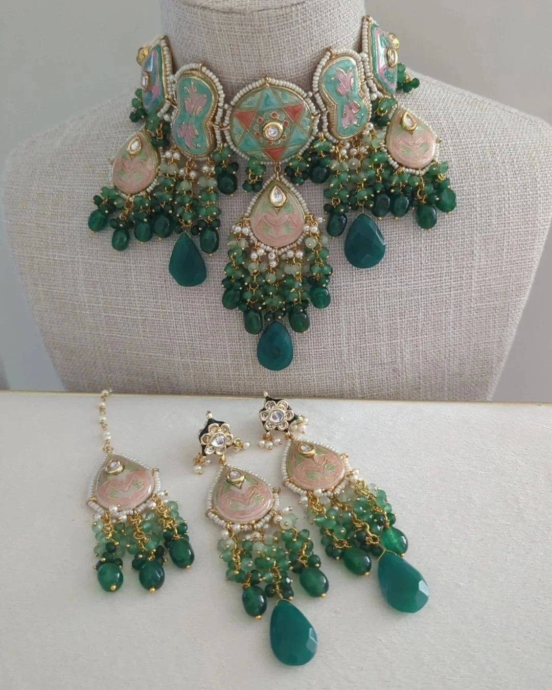Sage Green & Ocean Mint Indian Asian Meenakari Kundan Choker Necklace Jewellery Set