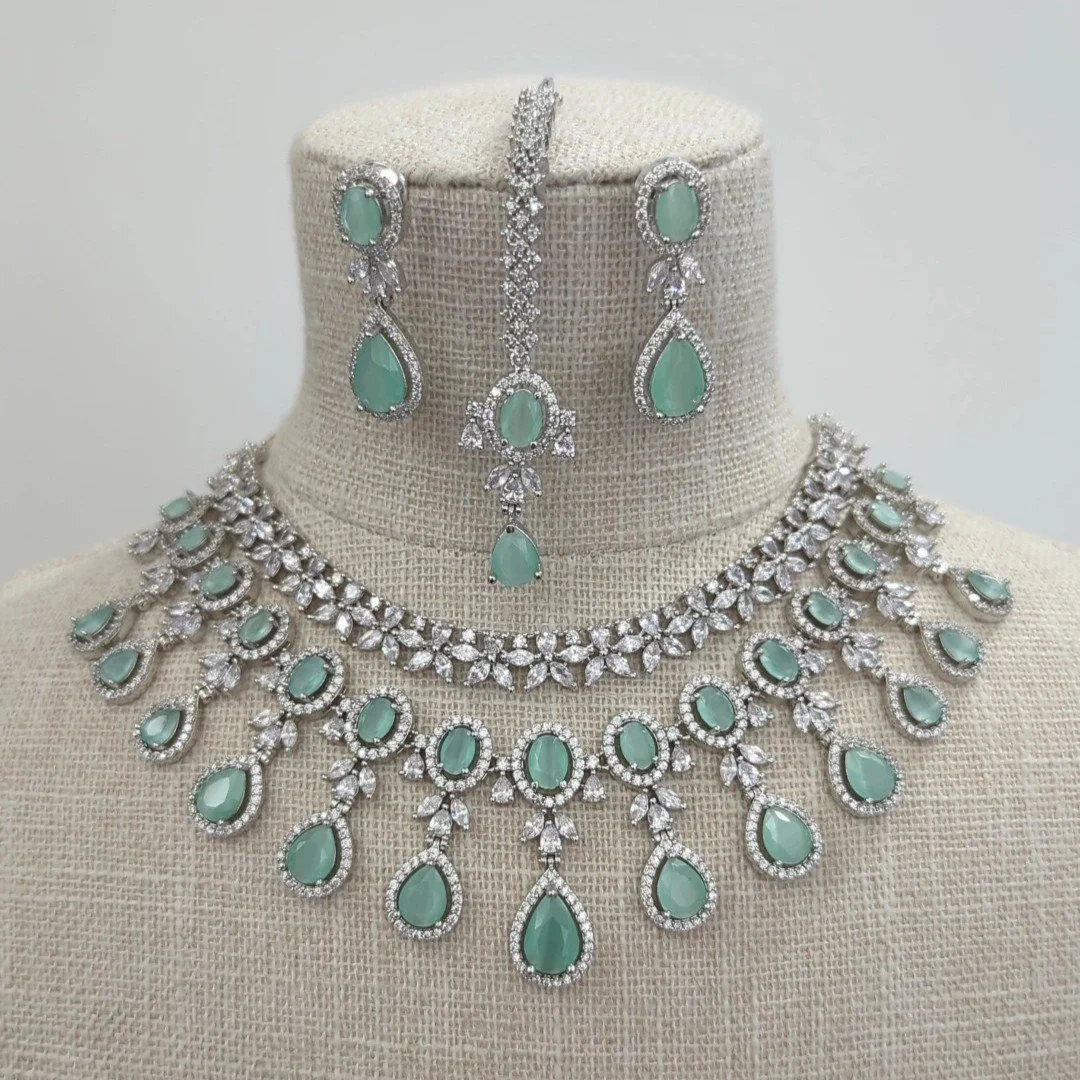 Mint Silver American Diamond Necklace Jewellery Set Wedding Bridal Party