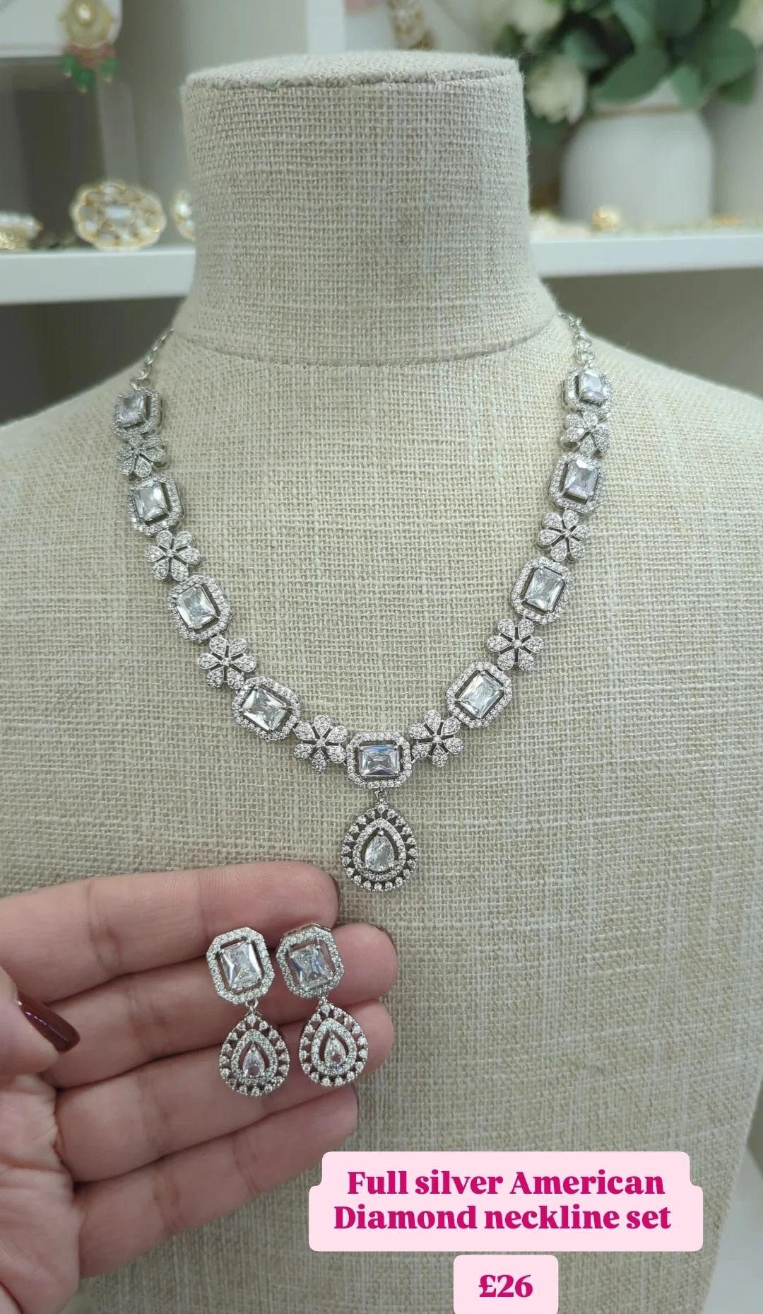 Gold Silver Mint American Diamond Neckline Set