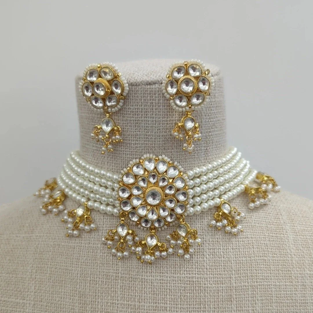Neutral Gold Silver Pachi Kundan Indian Asian Choker Necklace Jewellery Jewelry Set Wedding Party