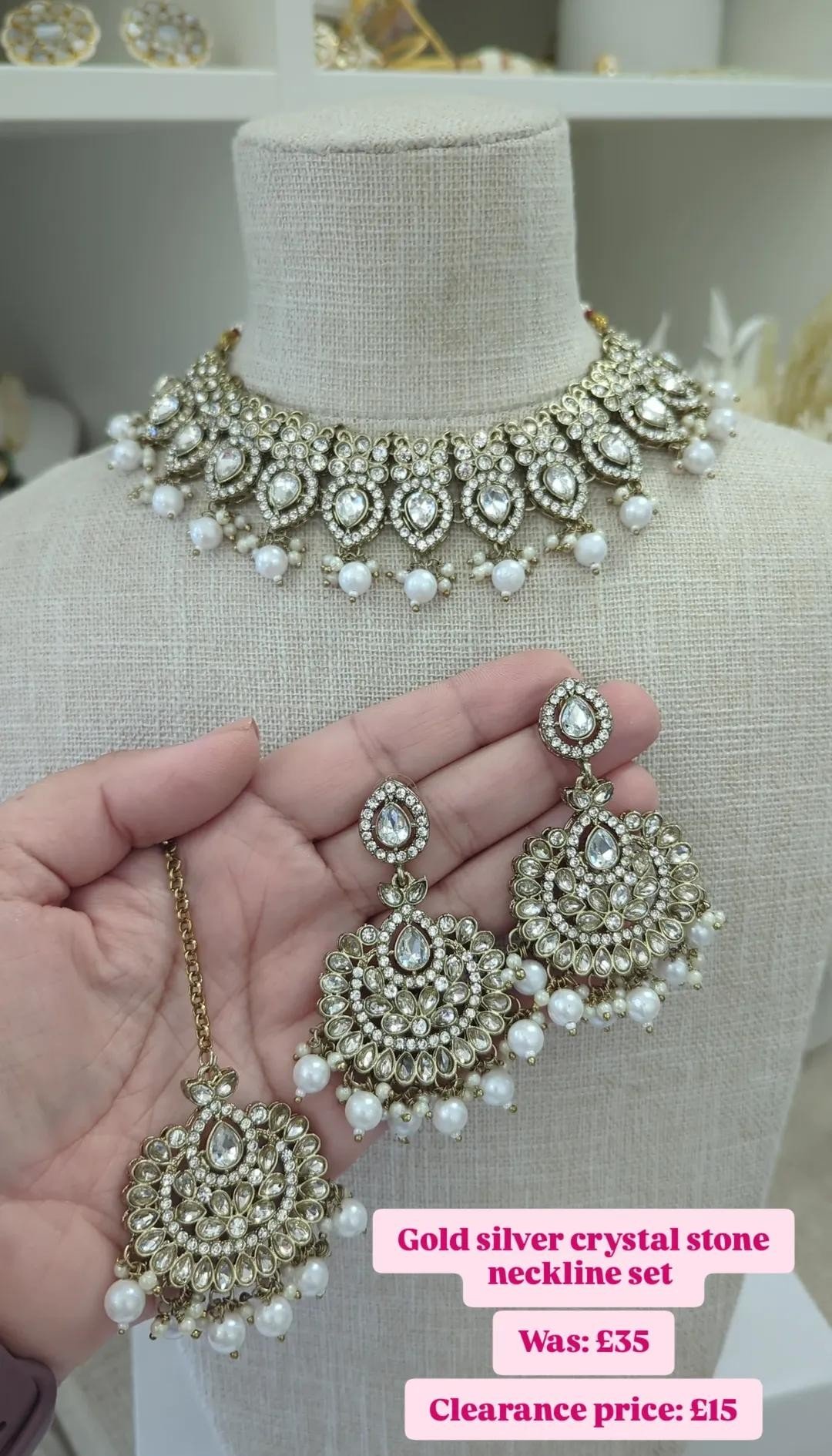 Gold Silver Polki Crystal Neckline Jewellery Set