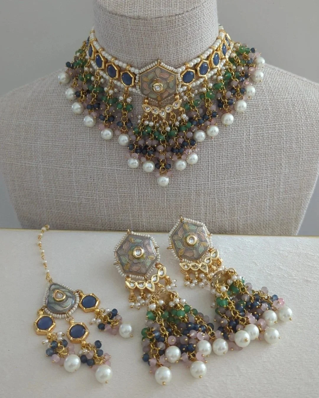 Flexible Indian Asian Blue Mint Dusty Pink Meenakari Kundan Choker Necklace Jewellery Jewelry Set