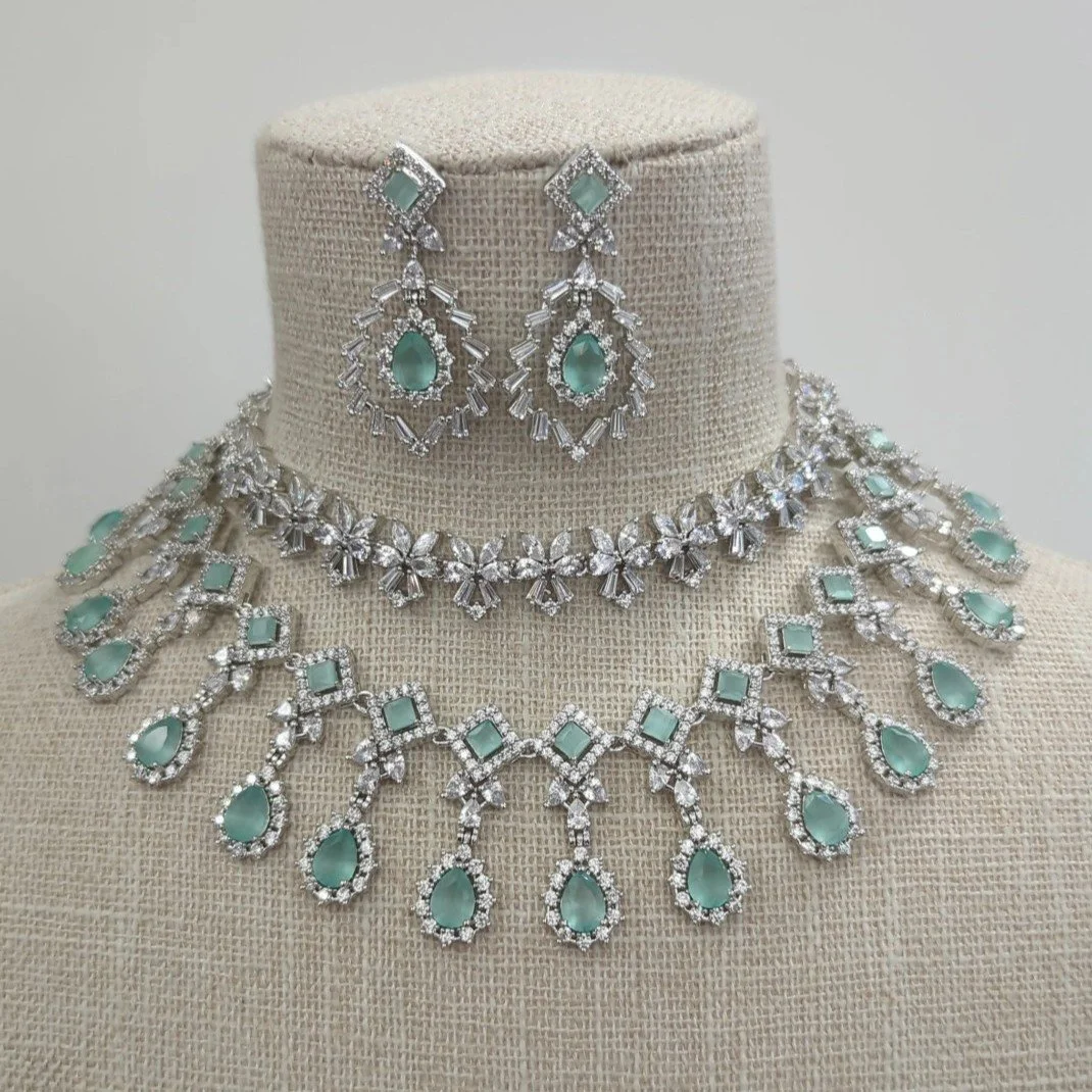 Mint Silver American Diamond Necklace Jewellery Set Bridal Wedding Party
