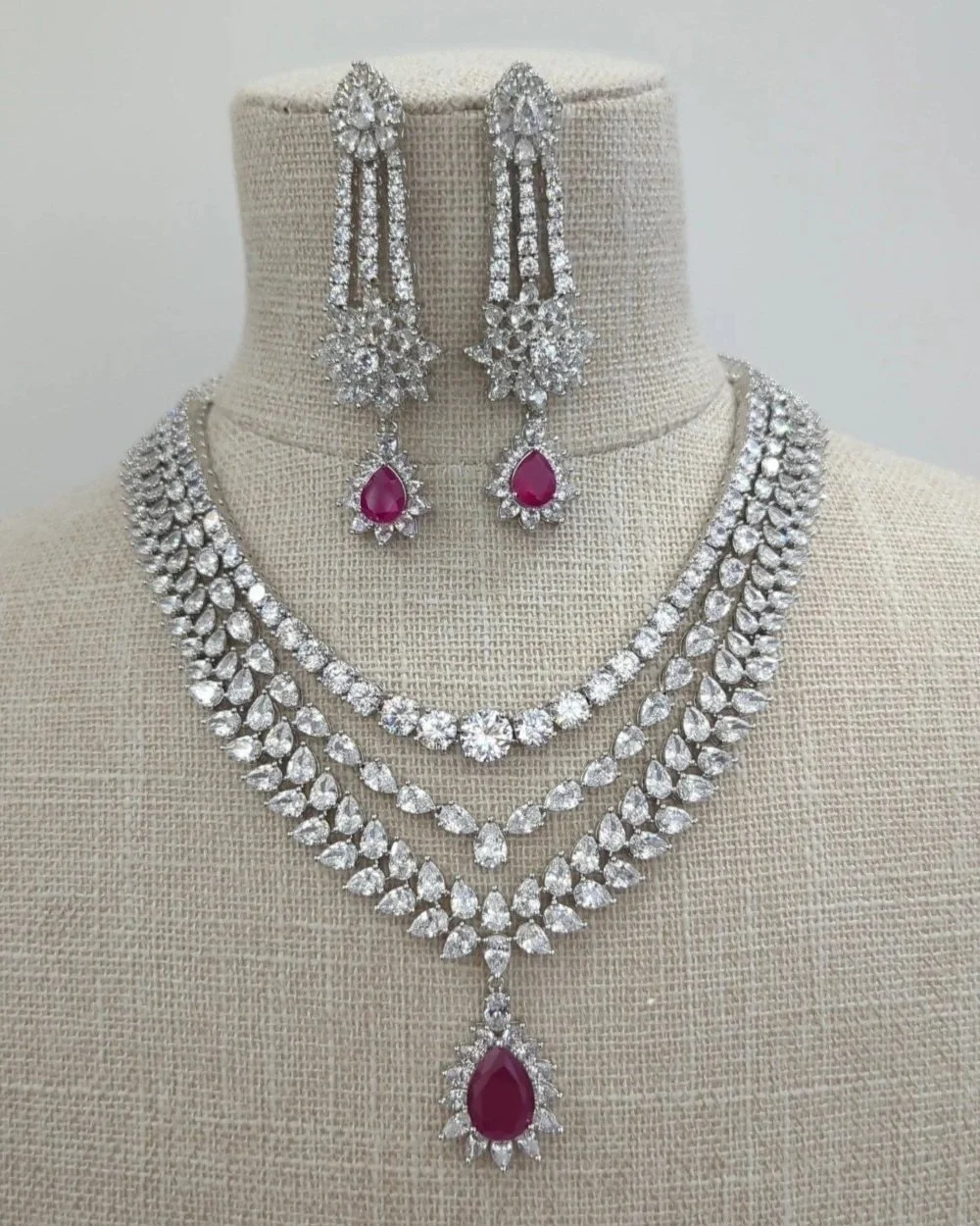 Ruby Silver Layered V Shape American Diamond Necklace Jewellery Set