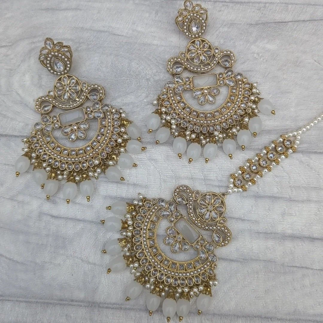 Gold Silver Muted Grey Polki Stone Tikka Earring Jewellery Jewelry Set