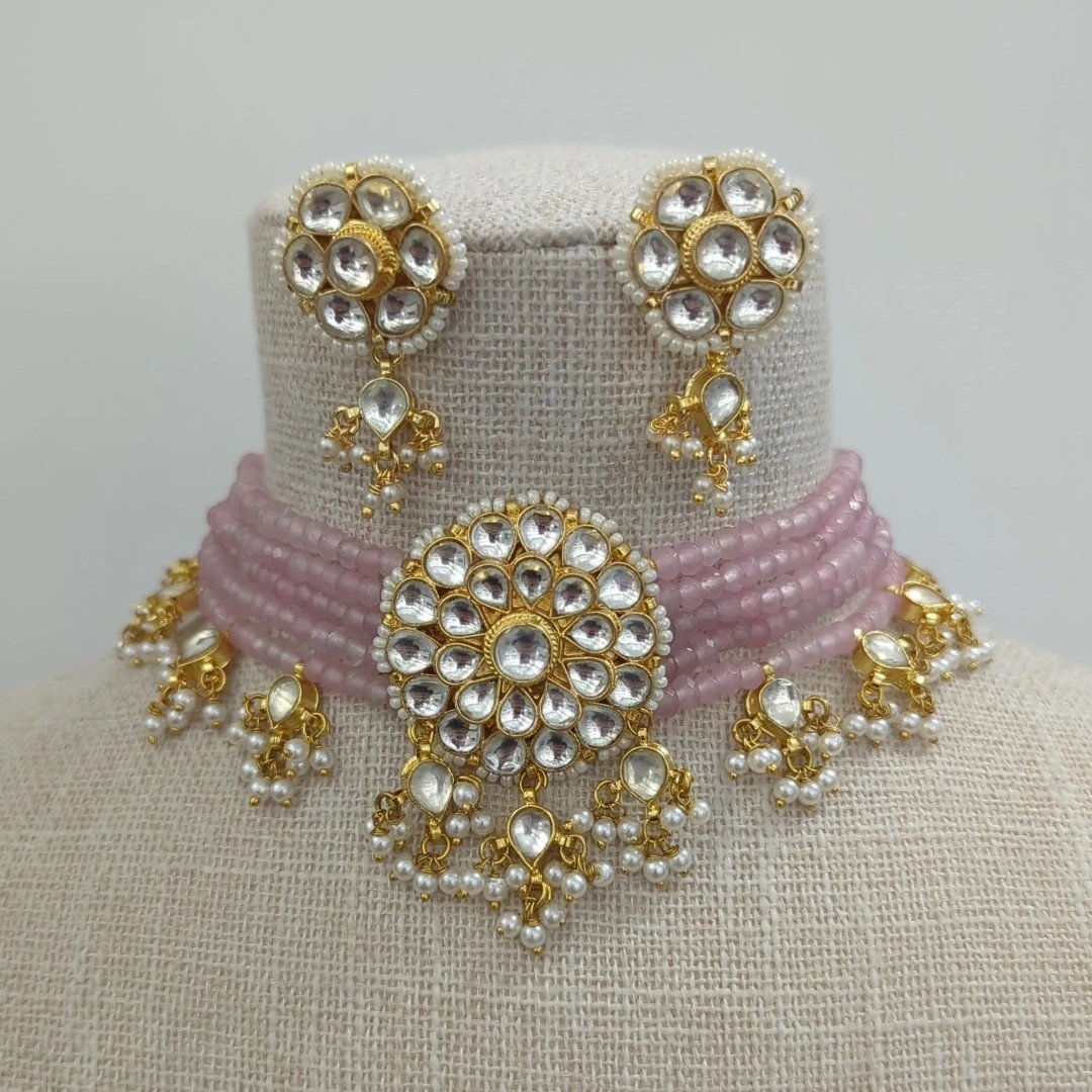Baby Pink Gold Silver Pachi Kundan Choker Jewellery Set
