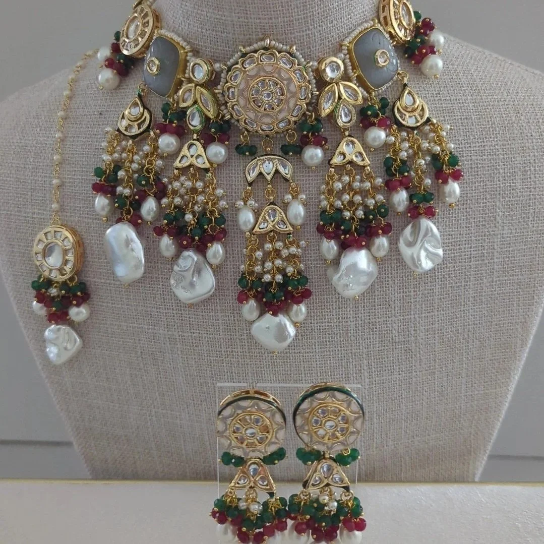 Green Maroon Indian Asian Pearl Choker Necklace Jewellery Jewelry Set