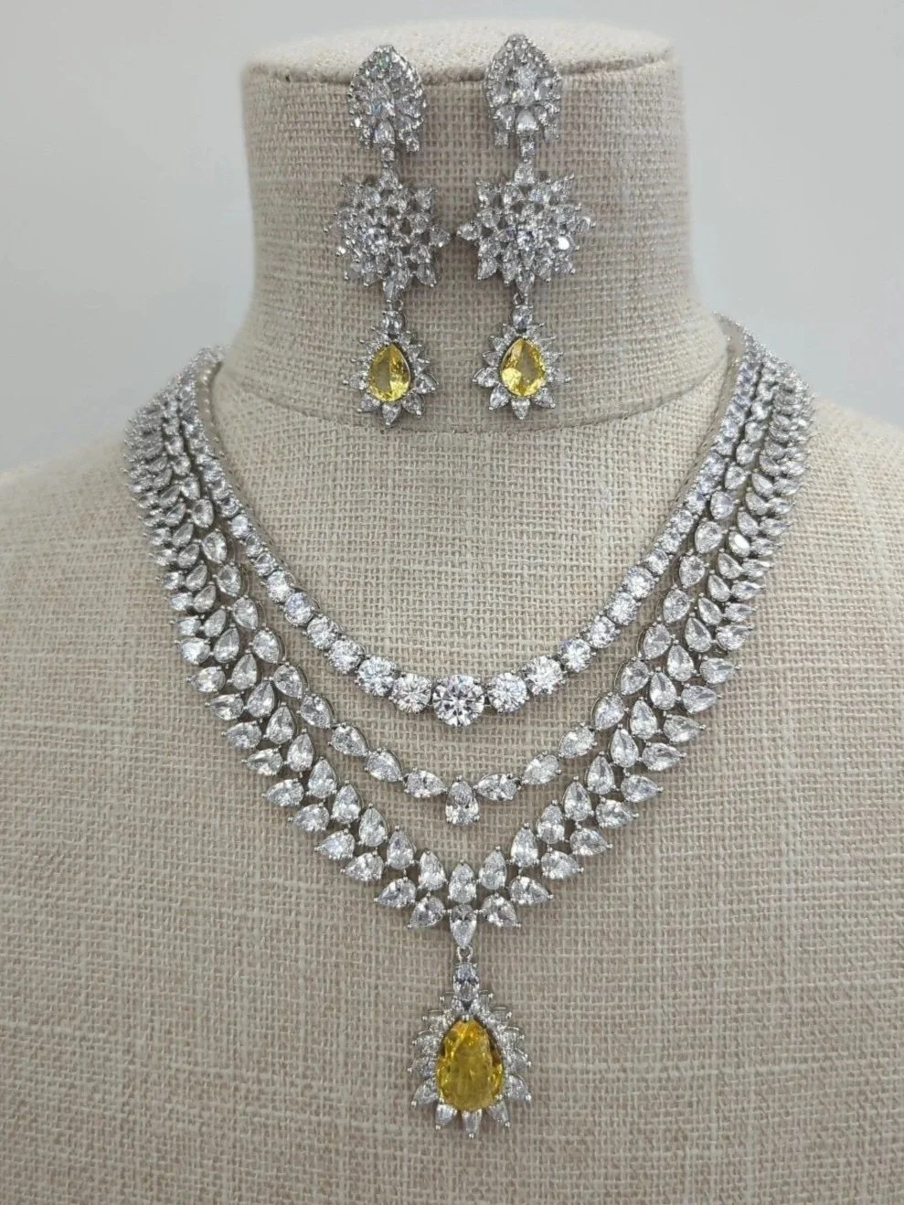 Citrine Yellow Silver American Diamond Layered Indian Asian Necklace Jewellery Set Bridal Wedding Party