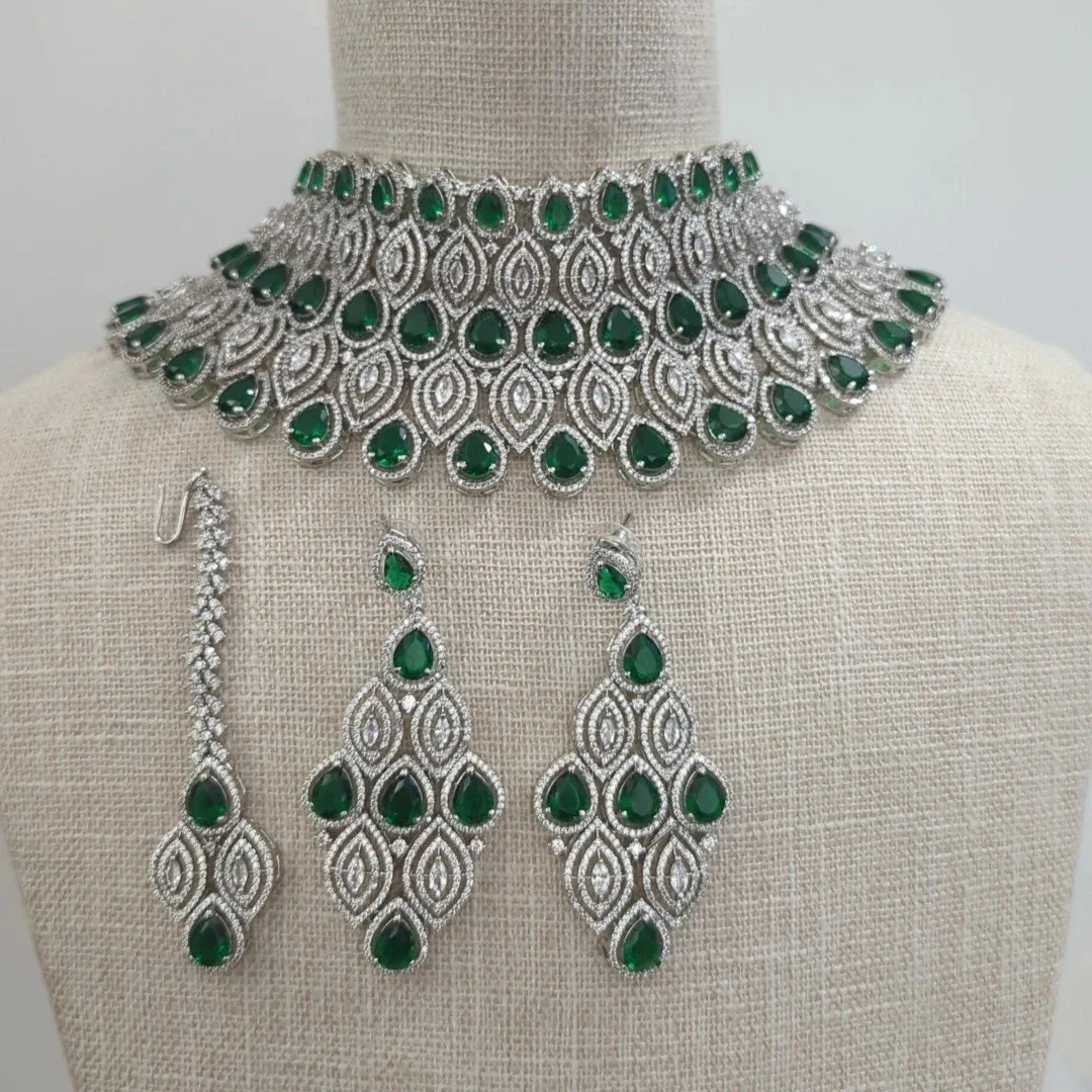 Emerald Green Silver Statement American Choker Necklace Jewellery Set Wedding Bridal