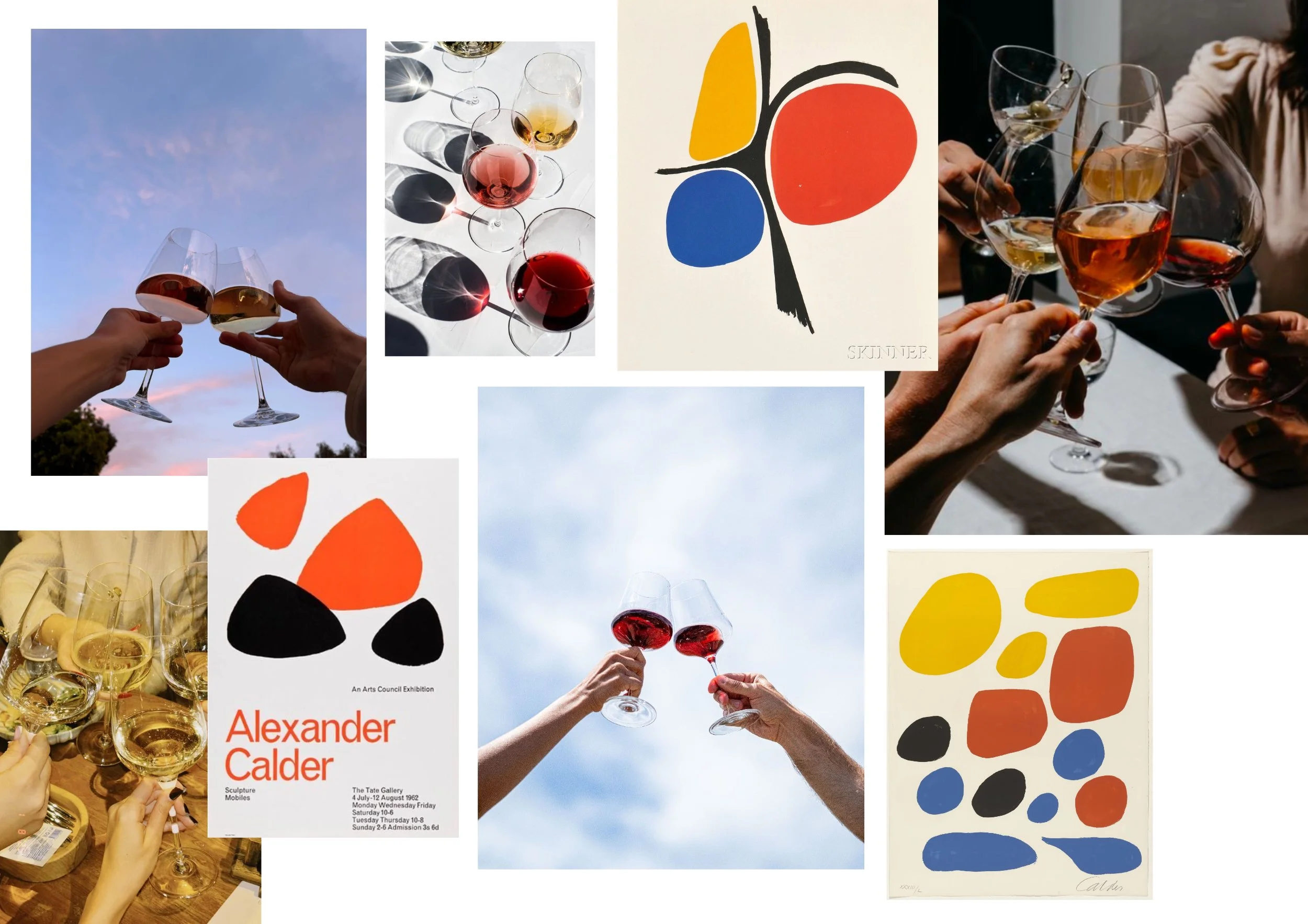 A moodboard with various photos of people clinking wine glasses, a poster of Alexander Calder's exhibition, and two paint artworks by Alexander Calder