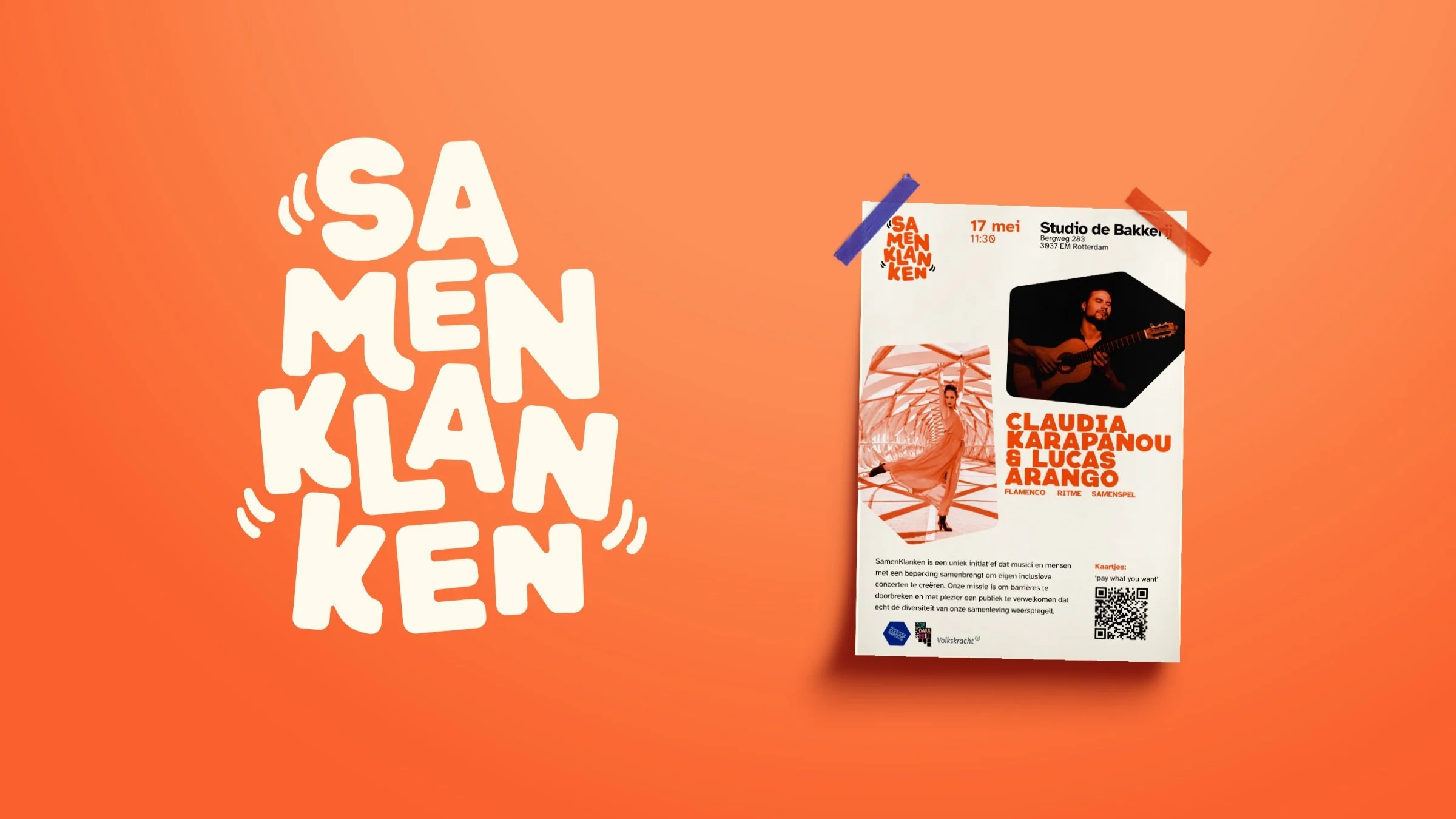 SamenKlanken logo in white on the left side, a mockup of an event flyer on the right side. The background is orange matching their branding