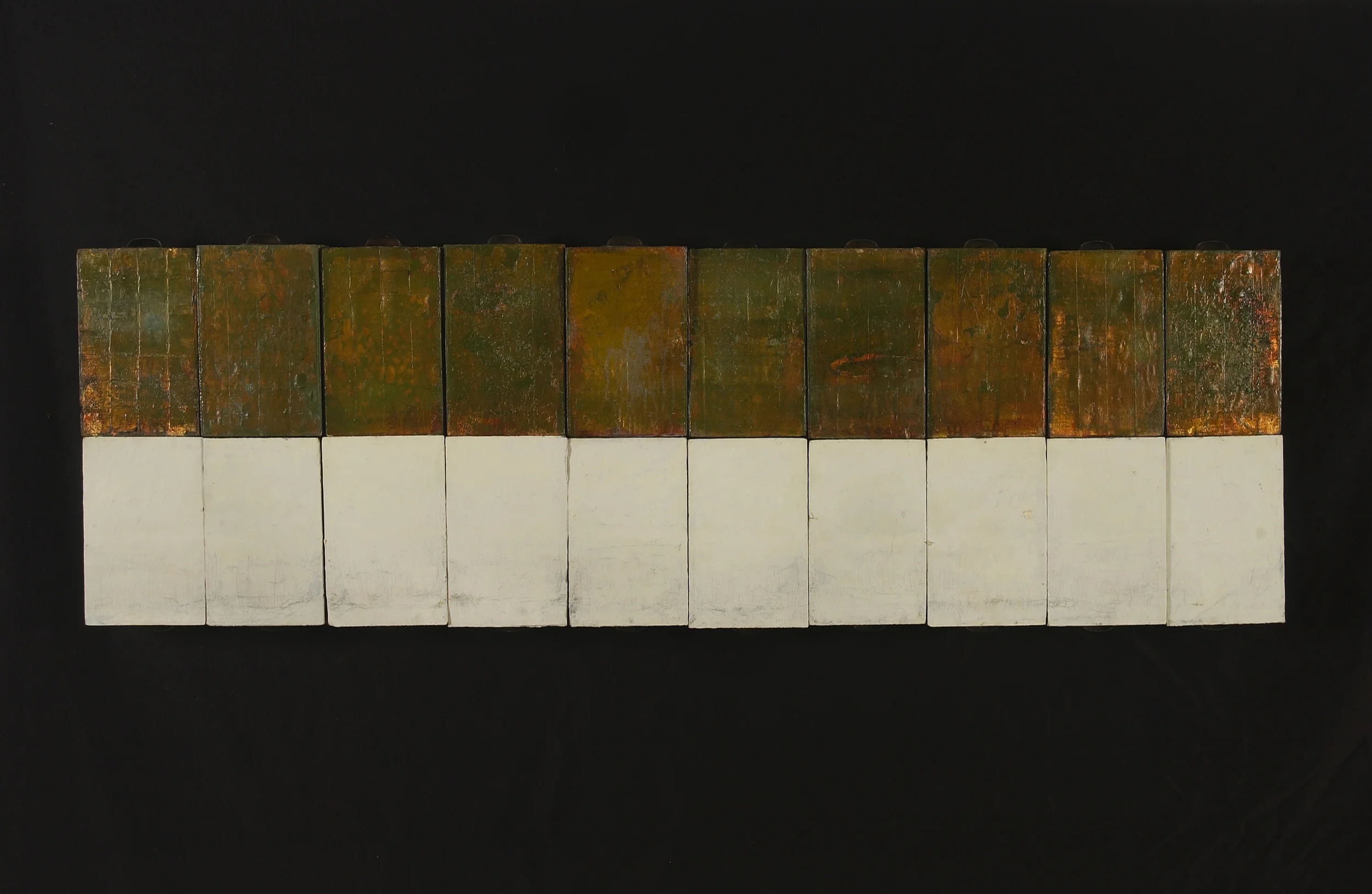 the narrow path (after Basho) a stacked line of paintings on recovered industrial tool and die drawers $5000