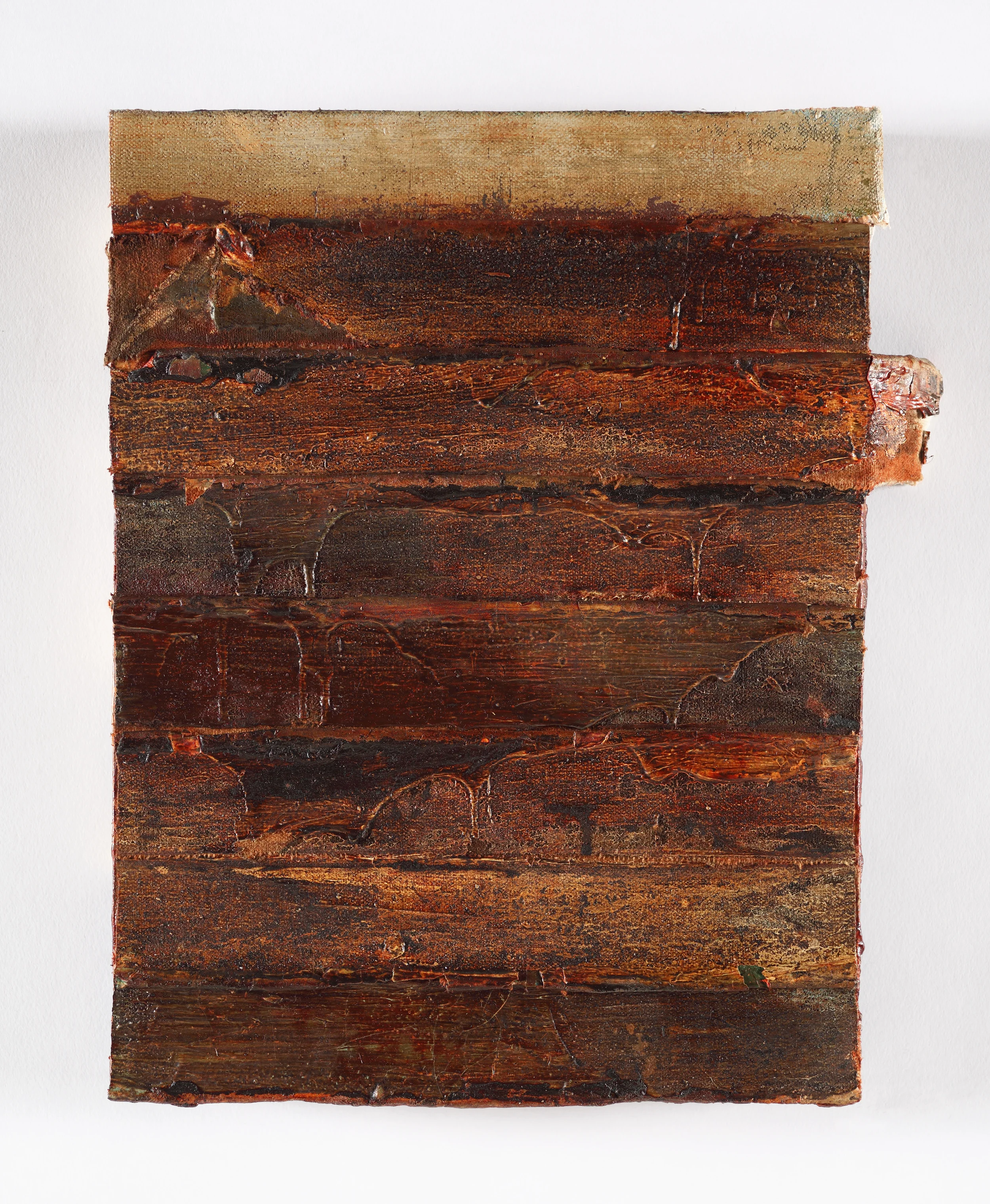 edges, (rustlines) oil on salvaged canvas mounted on panel, 9x12", 2013