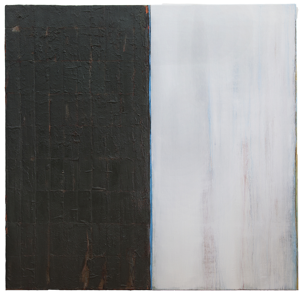 between forgiveness oil and mixed media on canvas on panel, 48" by 48", 2015.