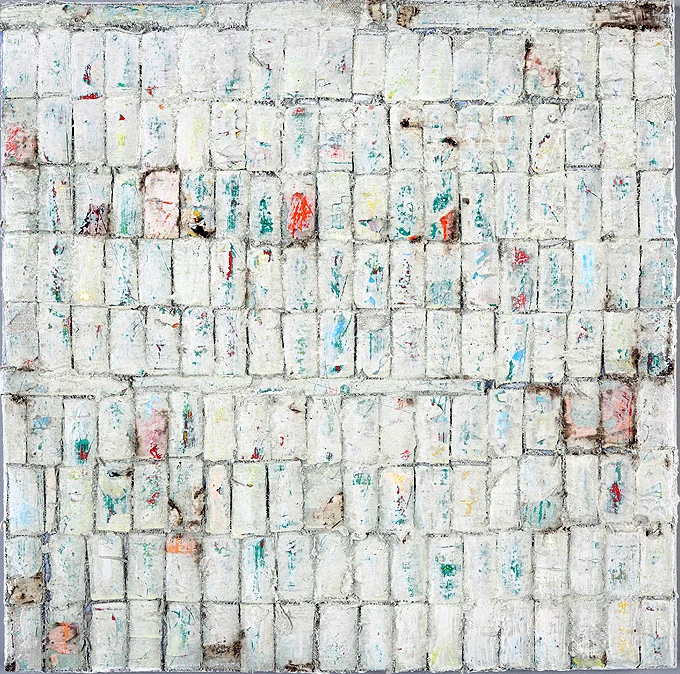 leaving (convalescence series) canvas fragments, mixed media on panel, 2010, 10x10" $400