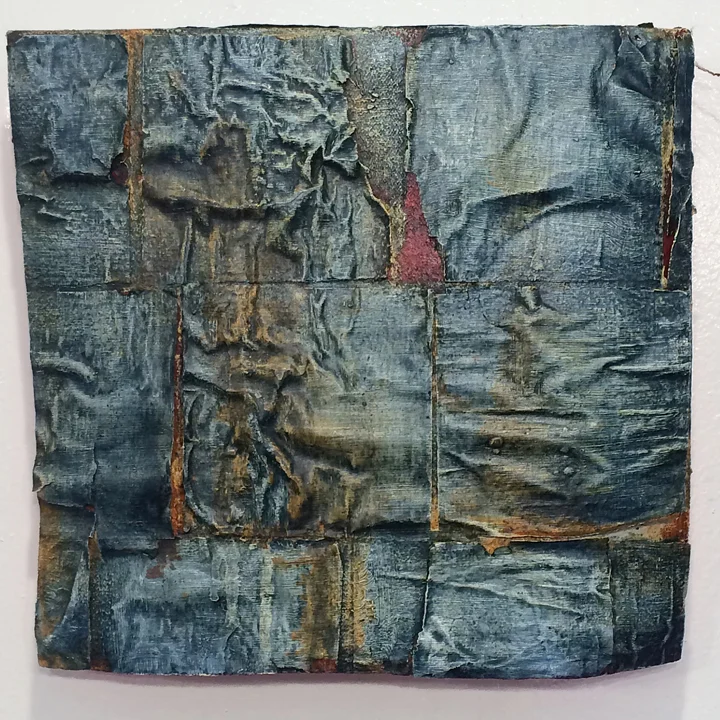 blue mt. oil, dry pigment on salvaged canvas mounted on panel, 20.5x20.5”, 2008-2013 $700