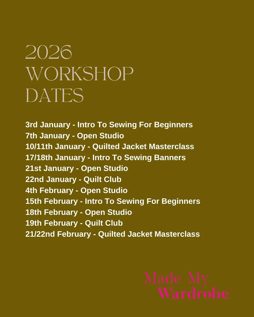 This post will probably tank because the algo hates it when I just put text up, but I thought it might be useful to leave these dates here incase you want to get booked in for next year. If you swipe through you can see some lovely photos from worksh