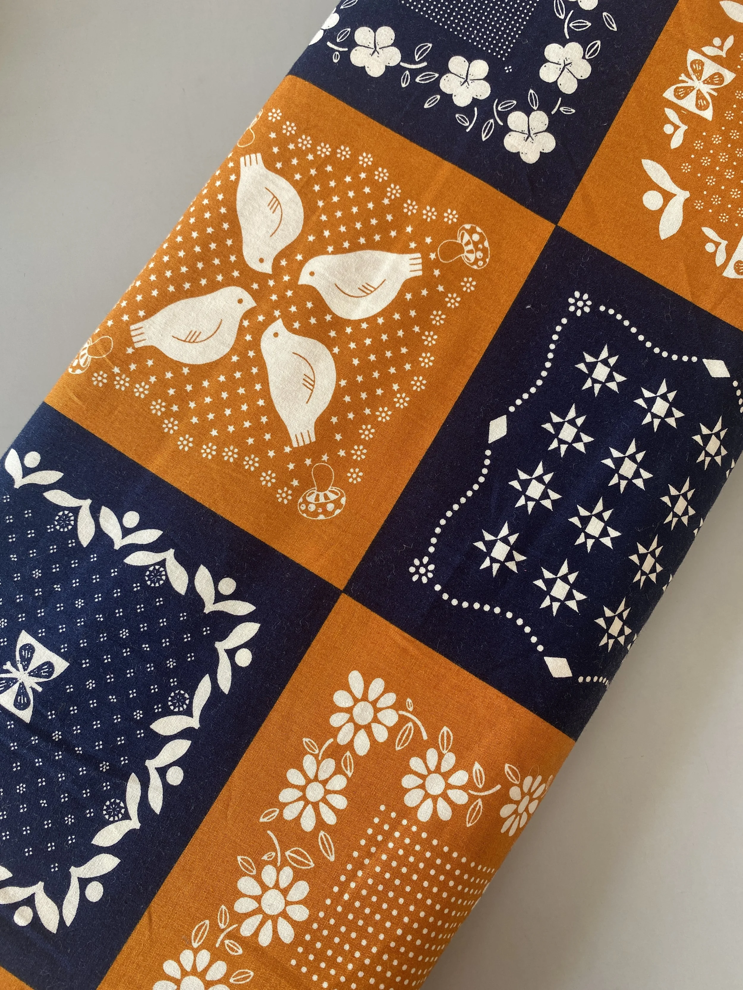 Remnant - 6m of Orange and Navy Tile Print