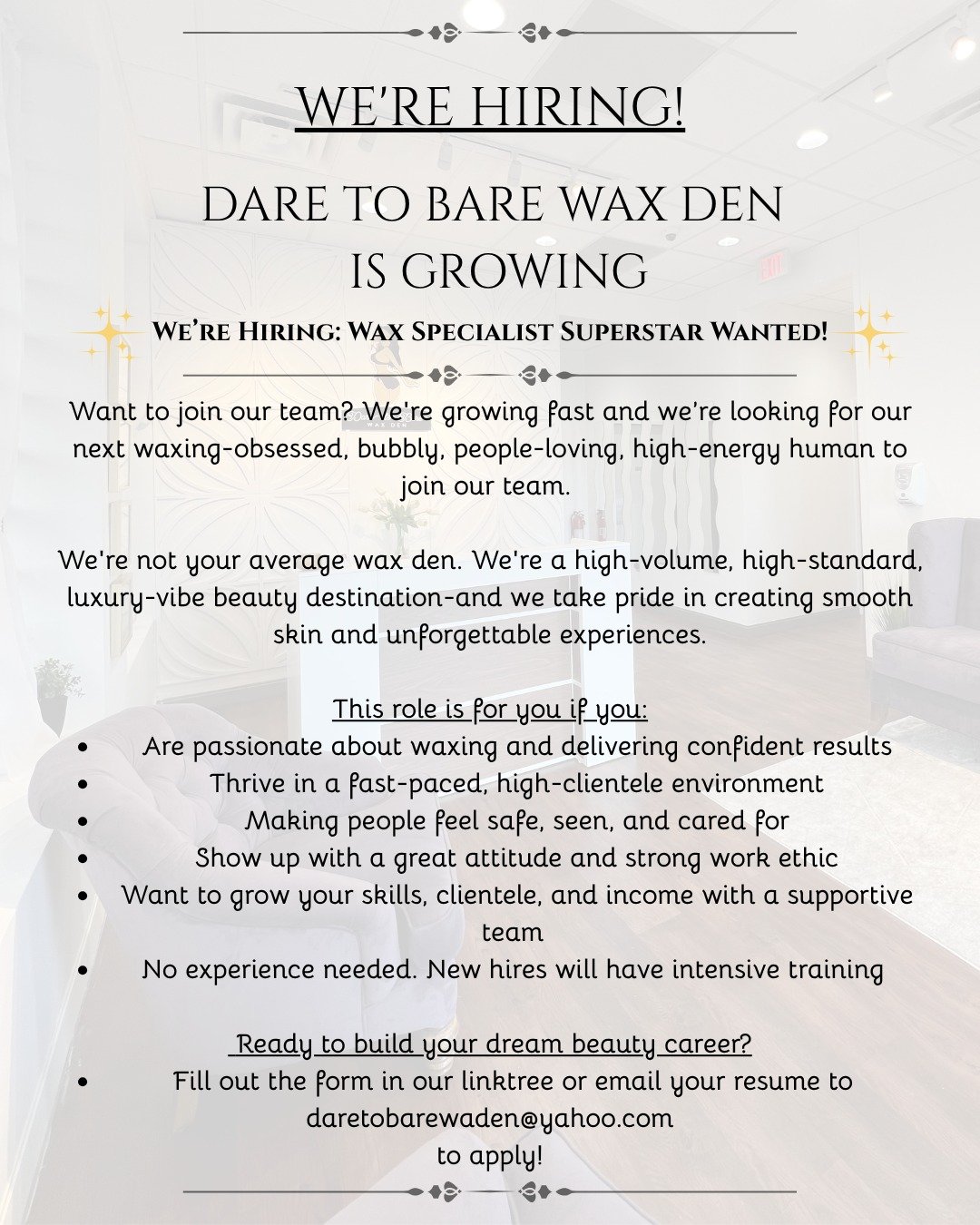 ✨ We&rsquo;re Growing! ✨
Dare to Bare Wax Den is on the hunt for our next talented waxer to join our team of smooth skin pros! 💛 If you&rsquo;re passionate about client care, speed, and skill&mdash;and ready to grow in a supportive, high-standard sp