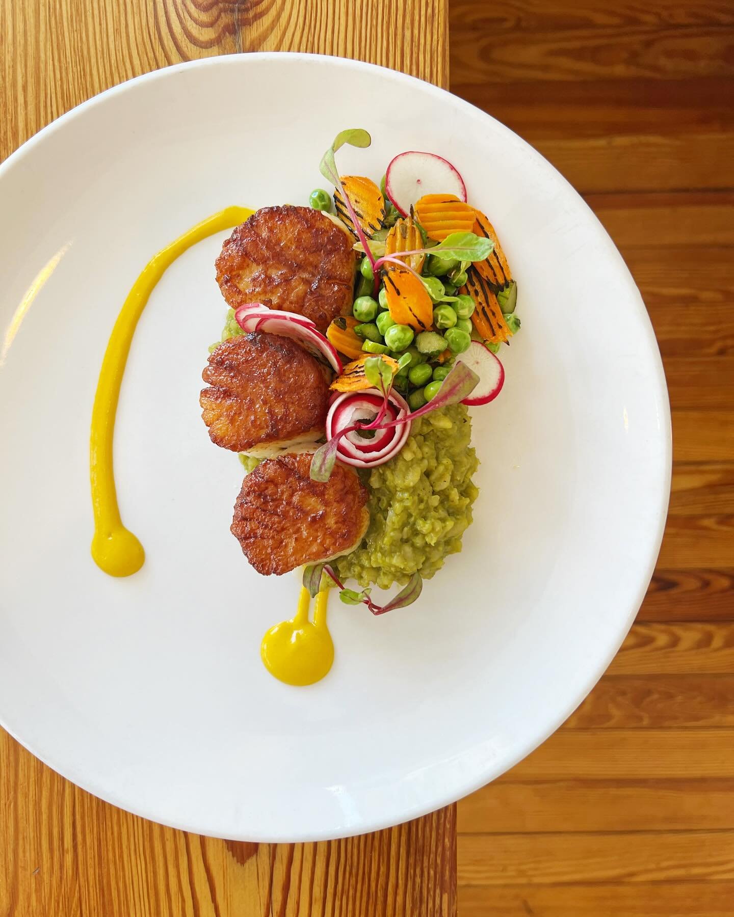 🌿spring vibes🌿

hitting our dinner menu tonight, 

pan seared new jersey scallops 
fifer orchard asparagus , charred spring onions,
english peas &amp; carrots in a basil butter 
with an english pea risotto and a 
balsamic carrot pur&eacute;e 🌷🌿🌻