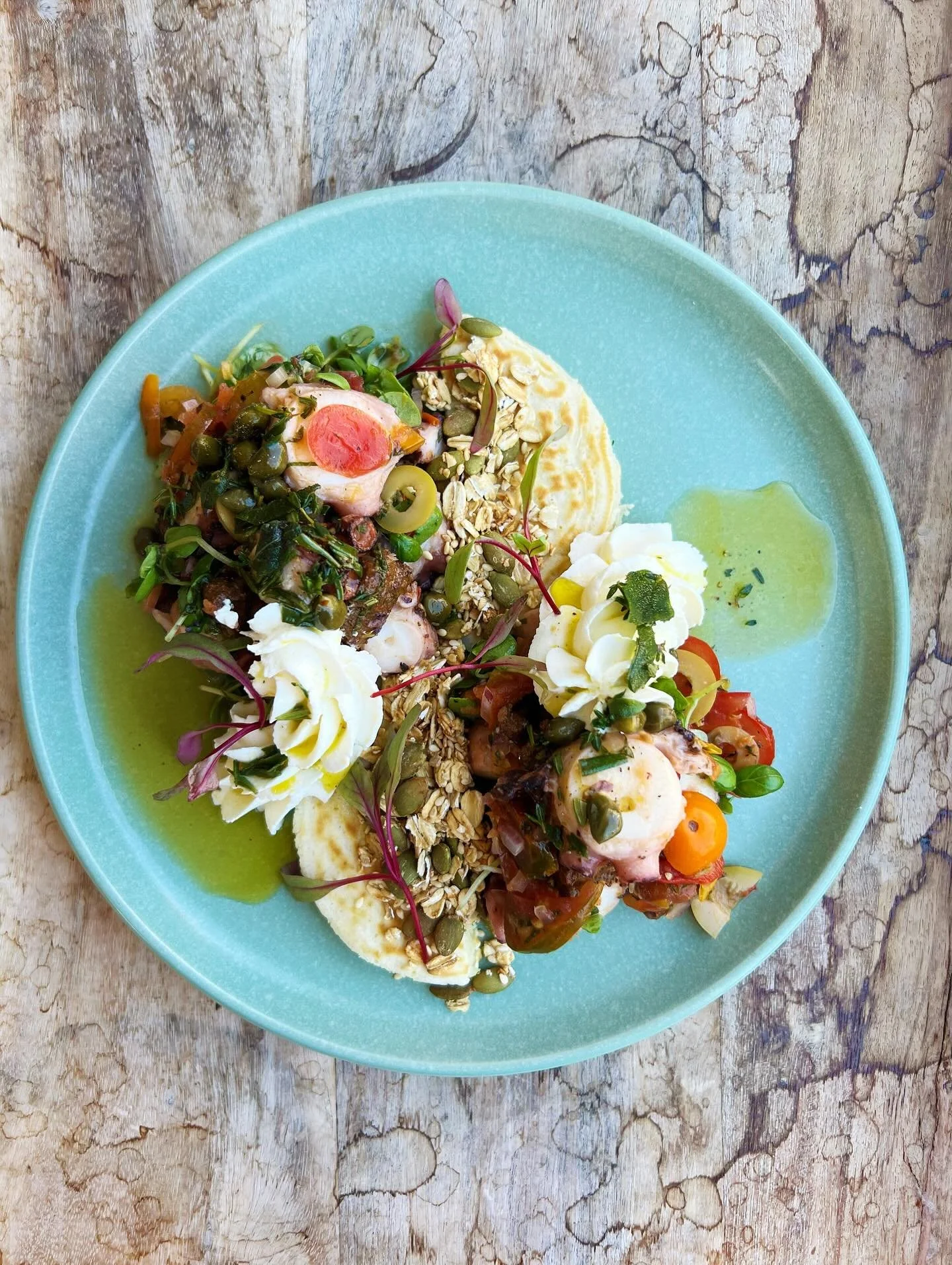 ☀️ happy Saturday ☀️ 

hitting our September menu, 

grilled Atlantic octopus 
housemade chicken chorizo
Fifer Orchard cherry tomatoes &amp; olives
citrus labneh
blini pancake
sesame miso granola
herb caper oil
balsamic reduction

☀️🌾🍃☀️🌾🍃

be su