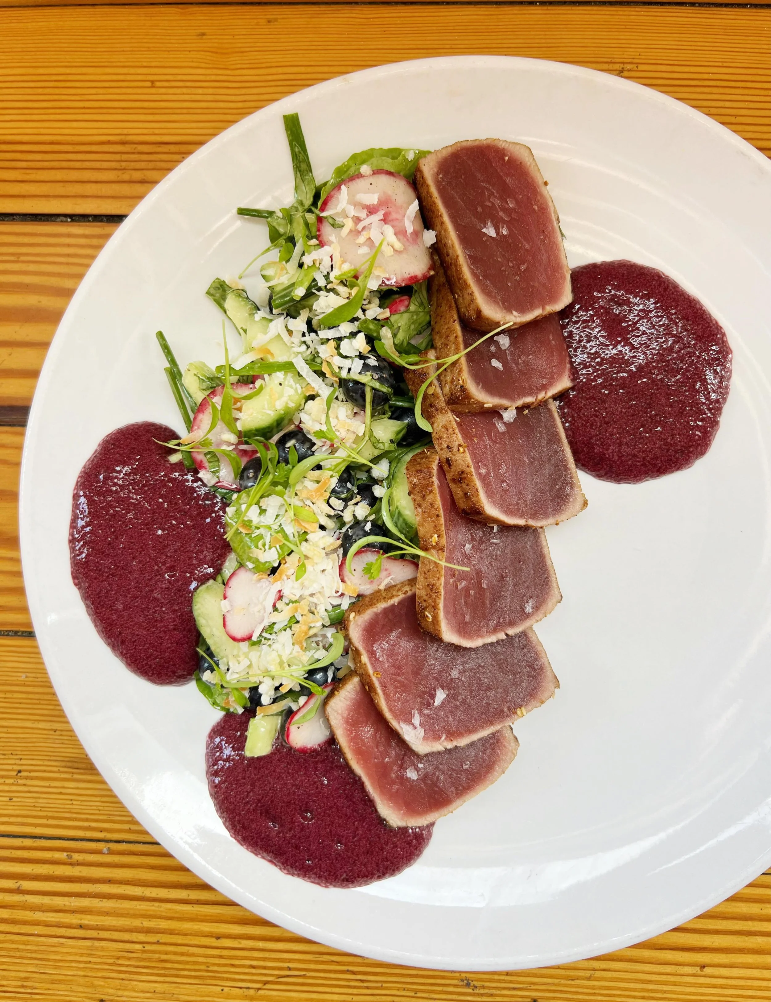 💙🩵🤍💙🩵🤍

Pan Seared Atlantic Tuna
5 spice dukkah encrusted, salad of local cucumbers, blueberries, radishes, Hattie&rsquo;s arugula &amp; spring herbs with a coconut lime dressing, Fifer Orchard blueberry foam, 
crispy Marsh Hen Mill Carolina go