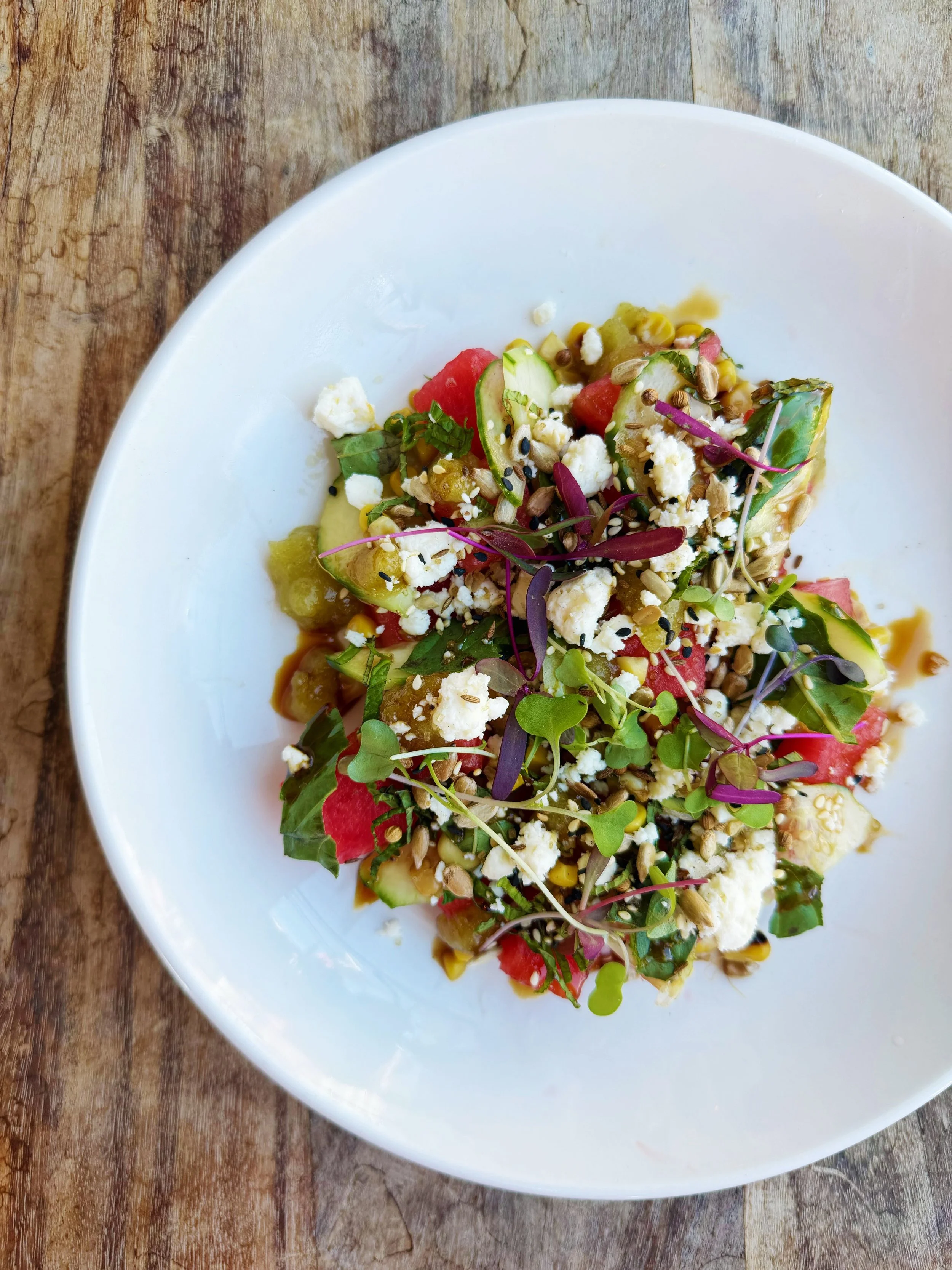 🍉🌿🍉🌿🍉🌿

tis the season&hellip;

fifer orchard watermelon &amp; cucumber salad 
charred sweet corn
crumbled Birchrun Hill feta cheese
sunflower seed dukkah
torn summer herbs
cucumber gel
balsamic drizzle

🍉🌿🍉🌿🍉🌿

be sure to book ahead for 