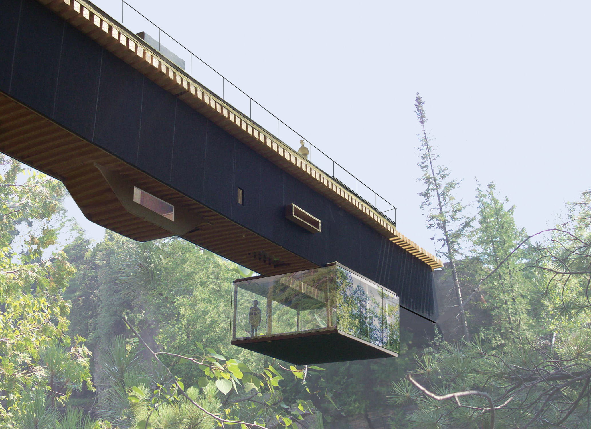 The Heavy/Light House project involves the conversion of a privately owned, abandoned railroad trestle into a guest house for one or two travelers. The program calls for a full bathroom, one bed, a small efficiency kitchen, dining area, living room and deck. 