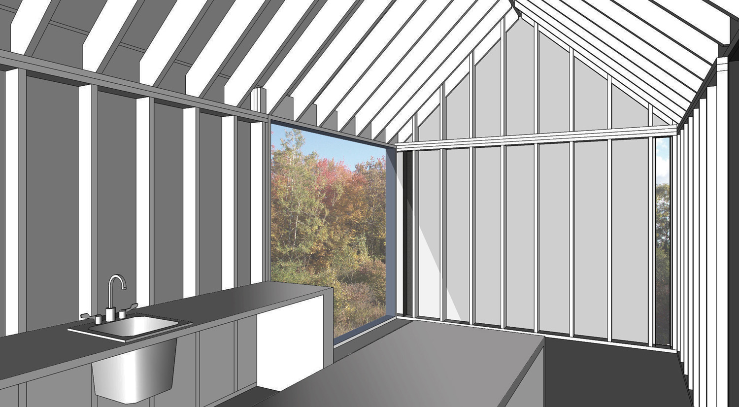 The studio space has a simple huge window that faces north, promoting a direct intimacy with the landscape while providing an even north light for the work space. 