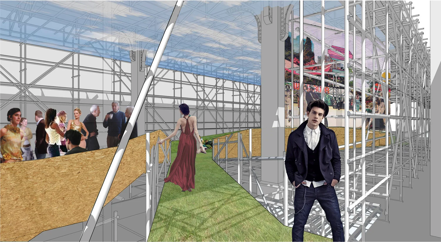 The ALG uses exposed construction scaffolding to hold a layer of artificial turf, an artificial sky with lighting above, and a projection screen to display various forms of media. This assembly of man-made elements creates a surreal atmosphere where exhibitions, interactions, and other events can unfold. 