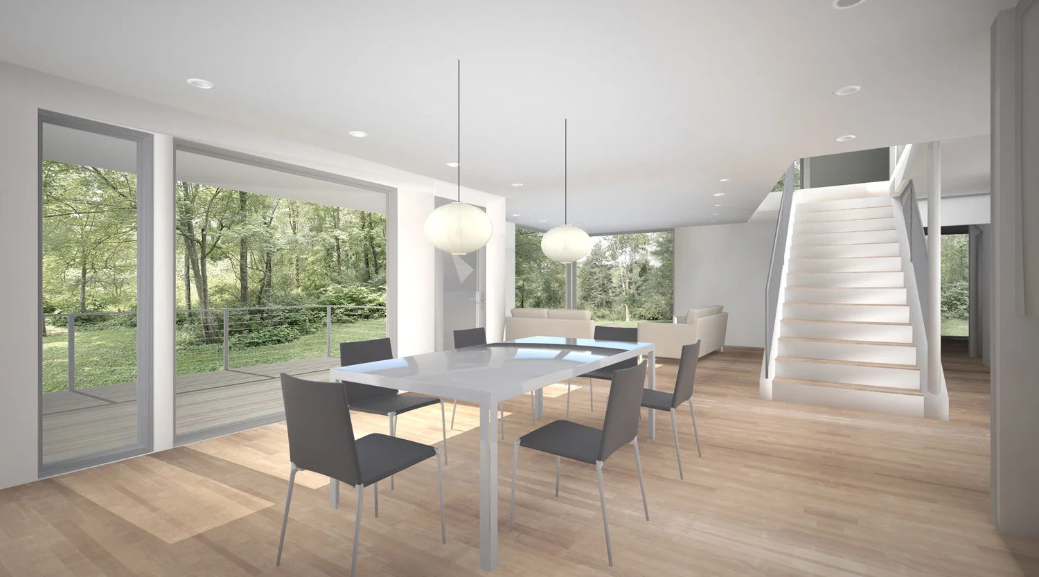 Blowing out series of small, congested rooms with tiny windows, the new design solution creates a light-filled open floor plan with floor-to-ceiling windows that look out on the landscape.