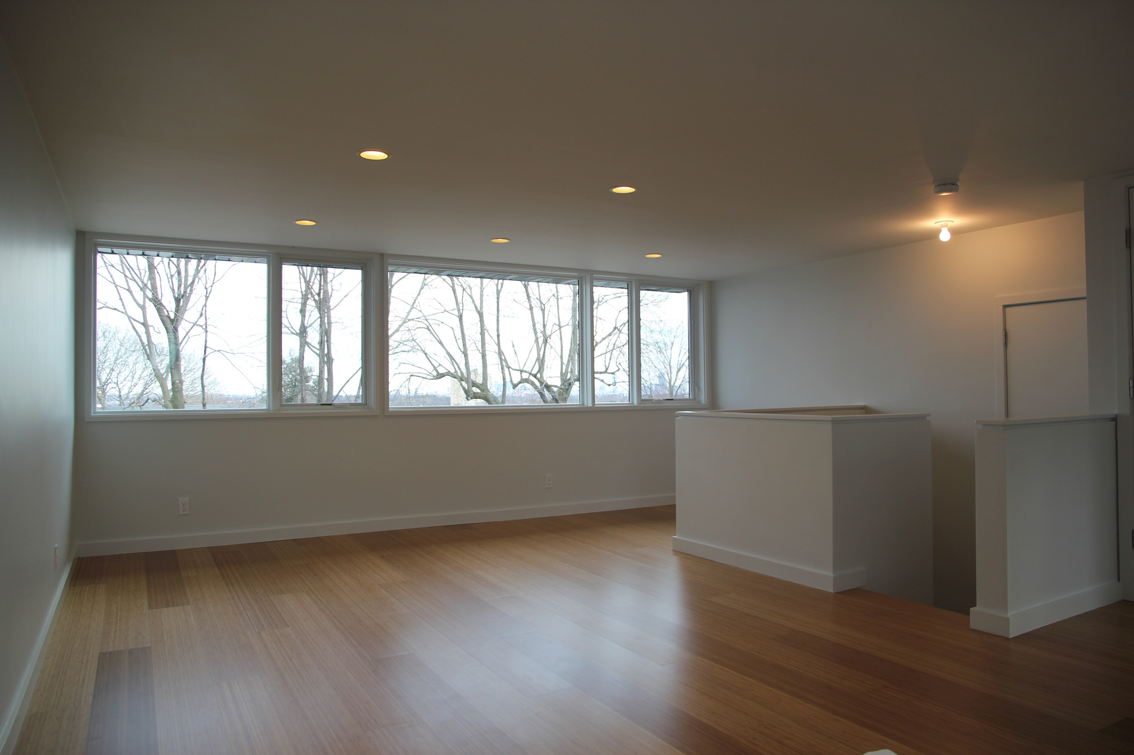 The third floor playroom / guestroom, housed under a standing seam metal-clad dormer, sits among the tree tops with large apertures on two sides; allowing for views to the city while also creating a brilliant, light-filled interior. 