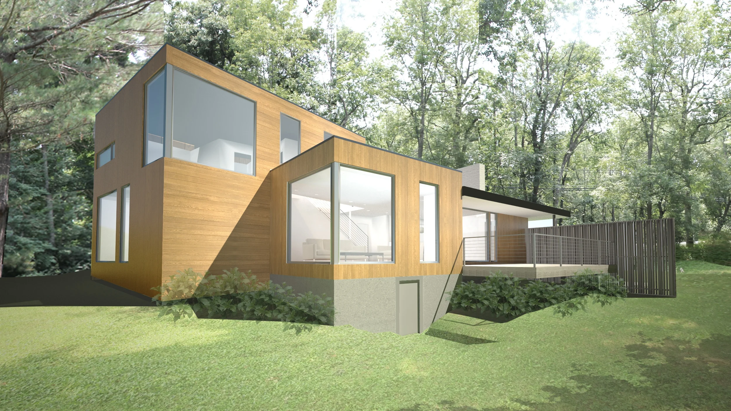 The Diehl Residence (unbuilt) is a complete transformation of an existing 1950's ranch on a beautiful wooded site along a river west of Boston. The existing house lies adjacent to wetlands and inside a floodplain, limiting the project to a maximum addition of only 345 sf. Working closely with town officials and the clients, DHA's solution builds up from the existing foundations, opening up the floor plan, and introducing large apertures that take full advantage of the natural setting.