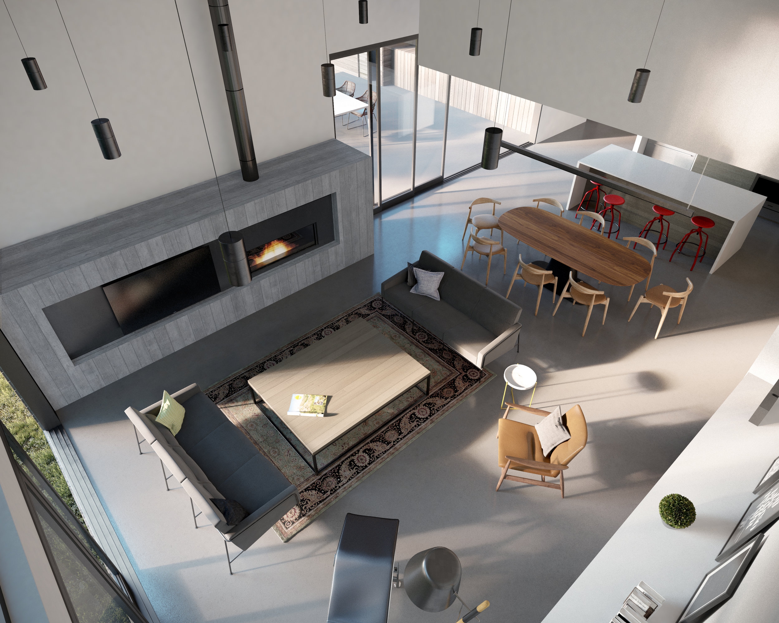 A cast-in-place concrete volume contains a gas fireplace, flat-screen TV, and audio-visual equipment. Interior floors are polished concrete to withstand the abuse of beach life. 