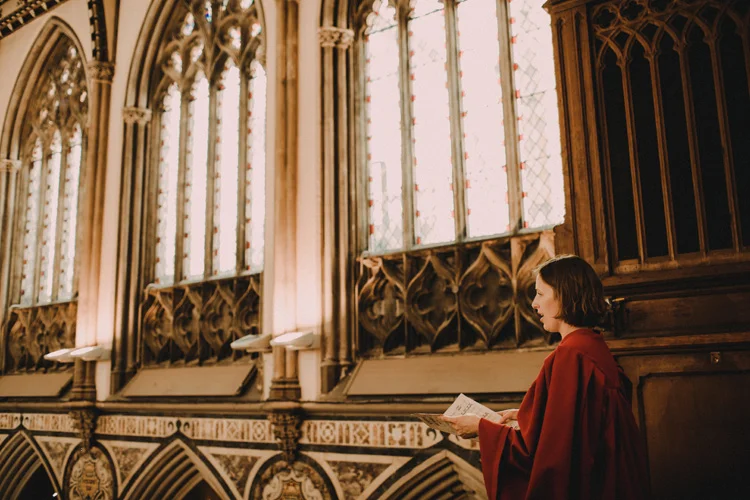 choir member singing song during london wedding ceremony