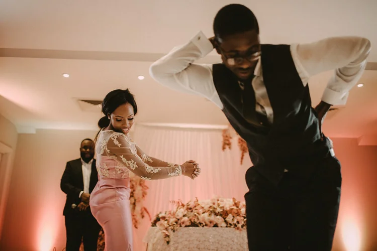 bridesmaid and groomsmen dance in froyle park wedding reception