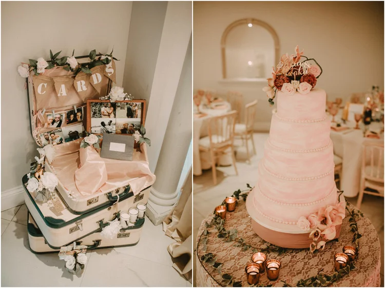 wedding cake and luggage in froyle park wedding