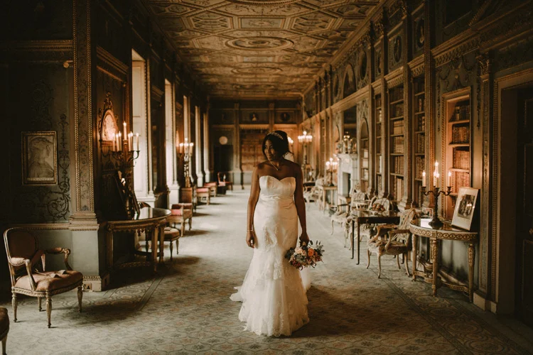 modern bride stands with bouquet at syon park 