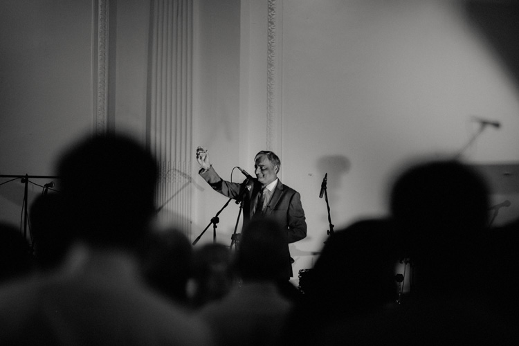 brides father offers toast during london hindu wedding reception