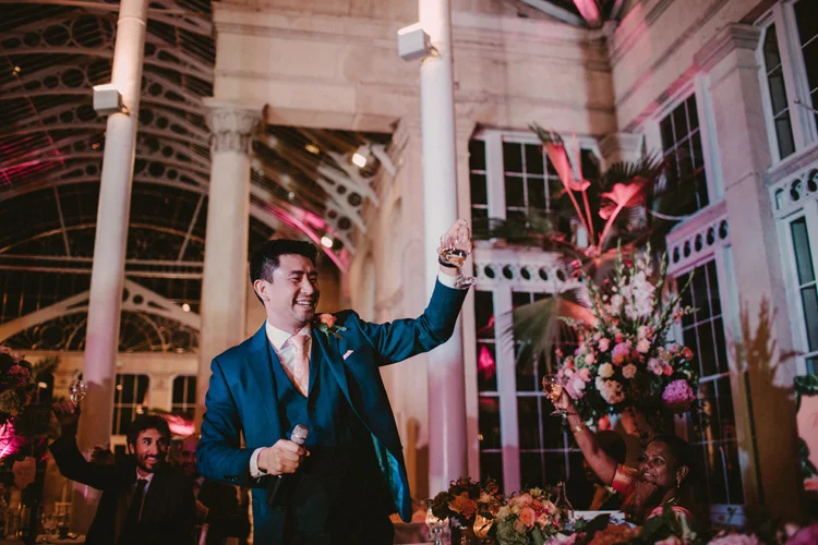 best man offers toast during wedding reception at syon park 