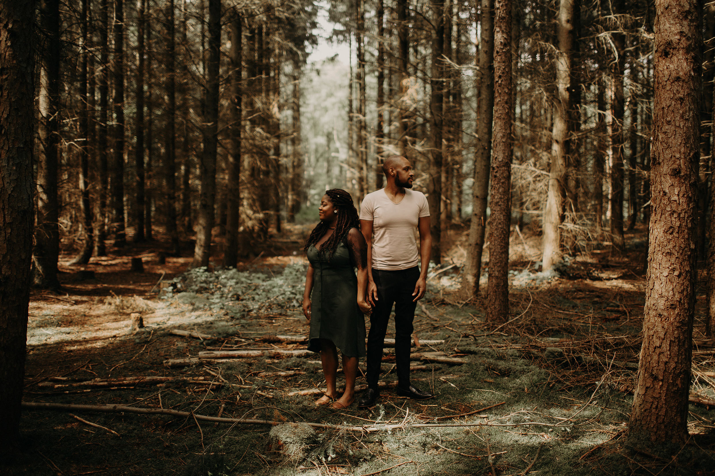 engaged couple holding hands in the black forest