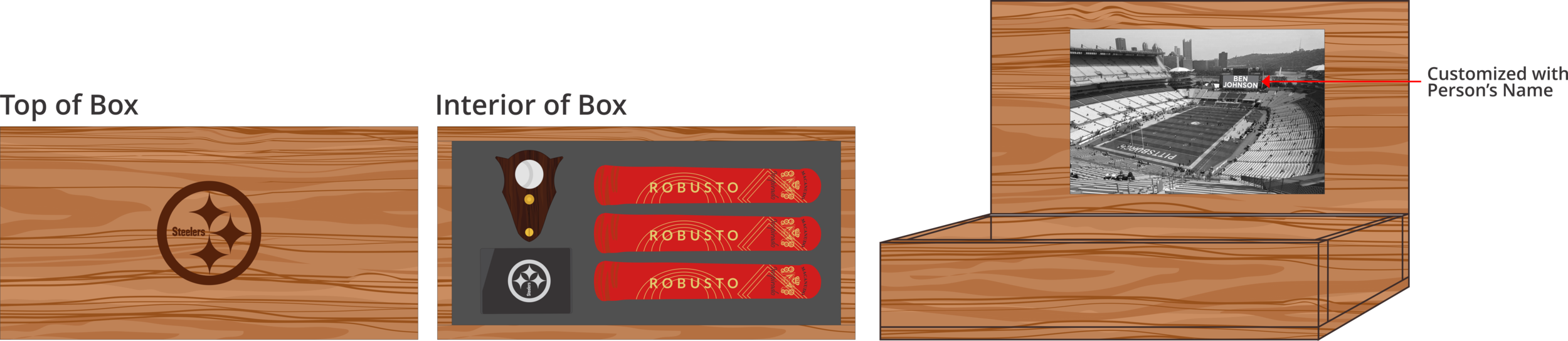 Hardwood 3 Cigars, Cutter & Torch Box