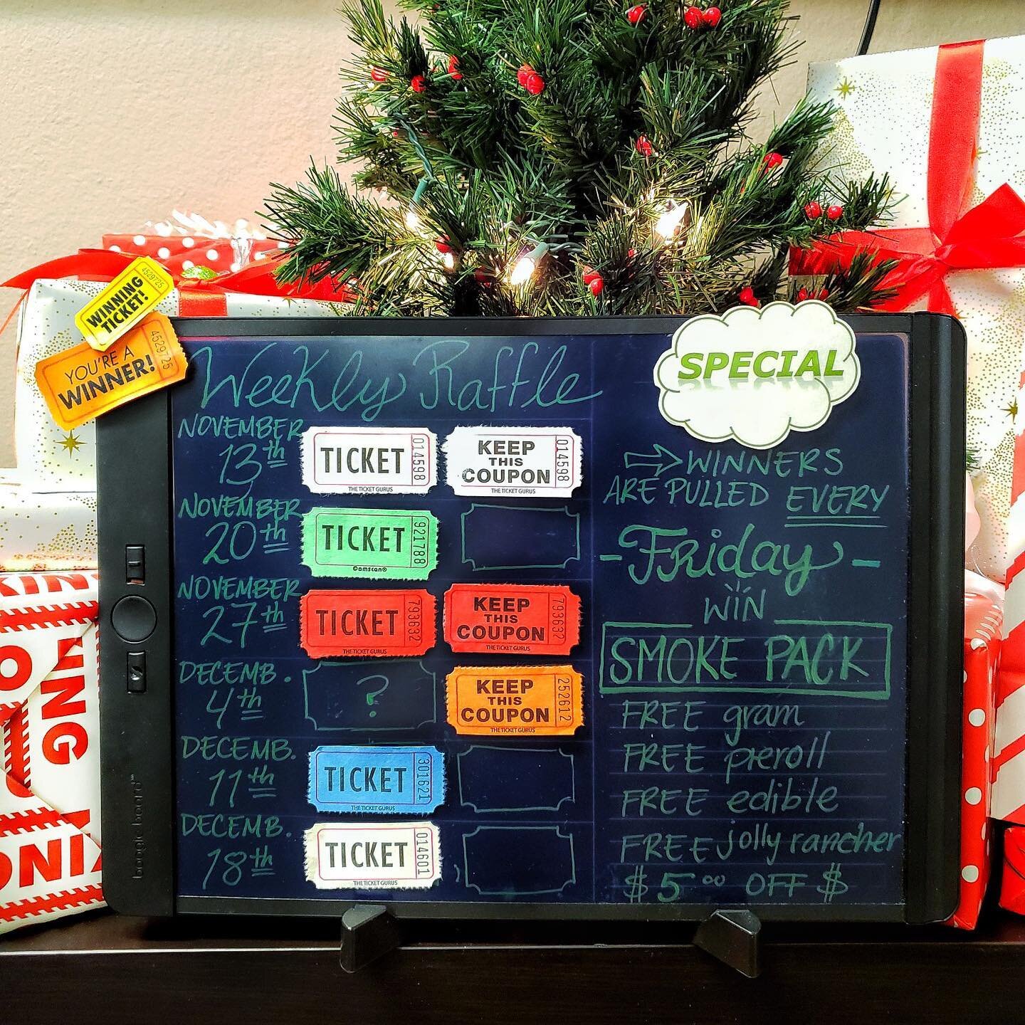 Friday&rsquo;s weekly raffle! We pulled our white ticket winner! (0141601) Our green (921788) orange (252612) and blue (301621) tickets still have yet to be claimed!

Prize includes: FREE gram, FREE preroll, FREE edible, FREE jolly rancher, &amp; $5 