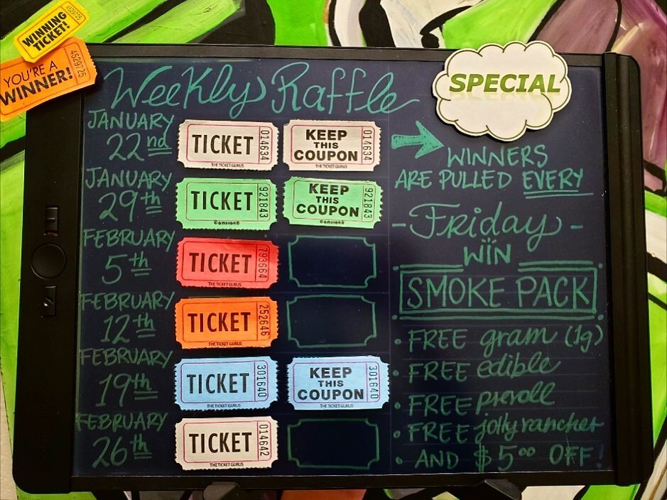 🎉 WEEKLY RAFFLE WINNERS! 🎟
Red (793664) Orange (252646) White (014642) come on in to claim your prizes!! 
🎁 FREE gram, FREE edible, FREE preroll, FREE jolly rancher, &amp; $5 OFF💵