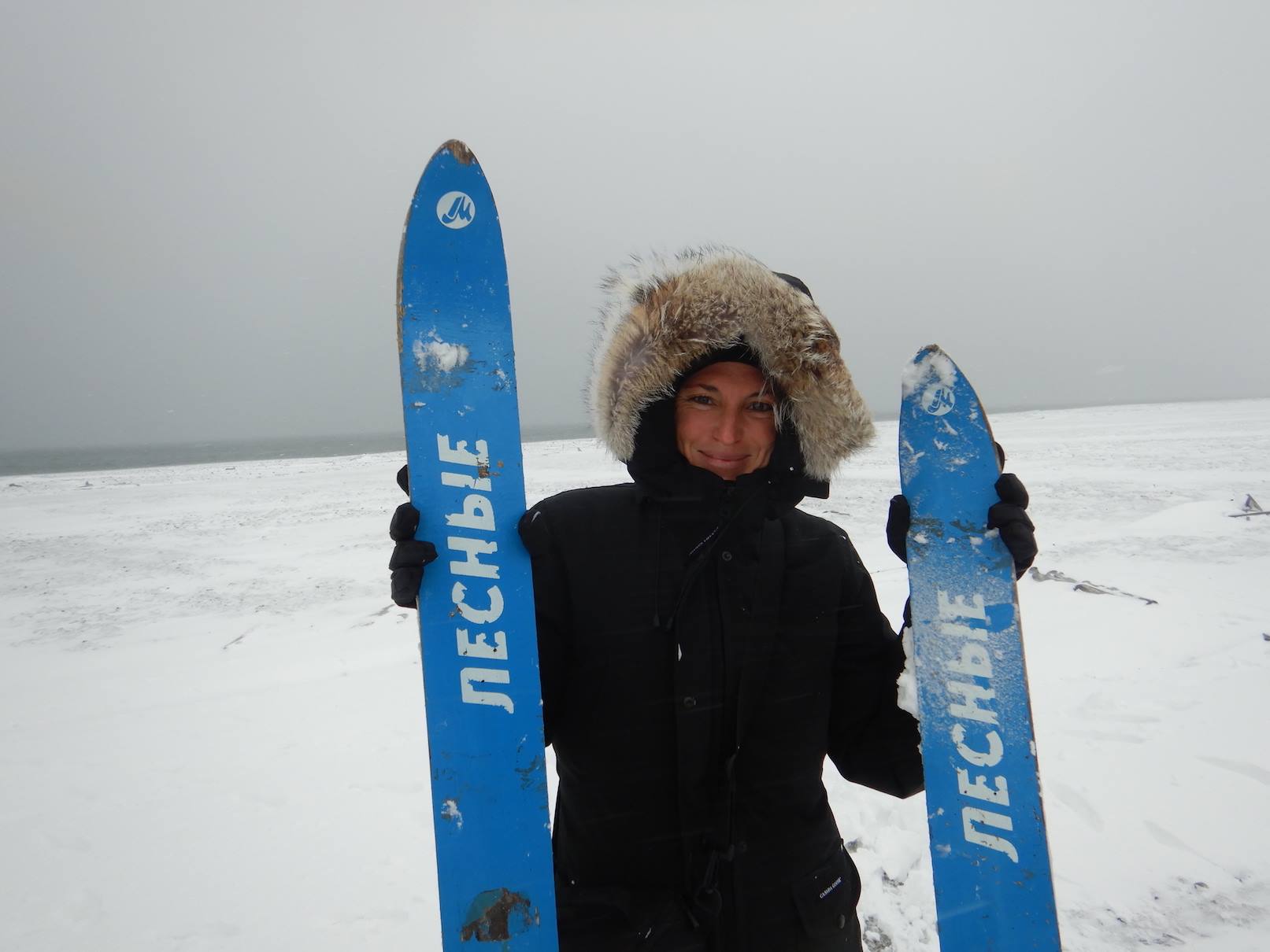 Aurore Asso , with old skis from a Russian Arctic polar station